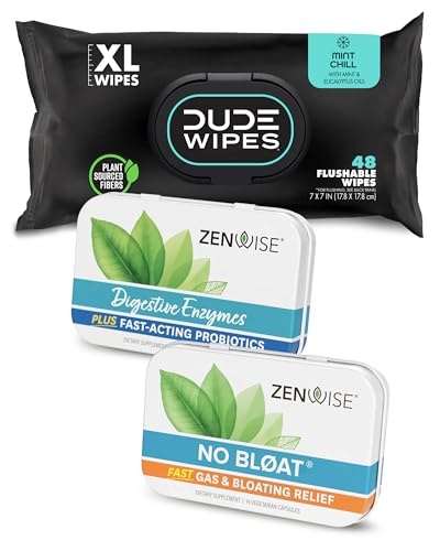 Dude Wipes & Zenwise #2 Bundle - 48 Flushable Wipes and 15 Digestive Enzymes with Probiotics and Prebiotics for Digestive & Gut Health