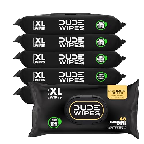 DUDE Wipes - Flushable Wipes - 6 Pack, 288 Wipes - Shea BUTTer Smooth Extra-Large Adult Wet Wipes - Vitamin-E & Aloe - Septic and Sewer Safe