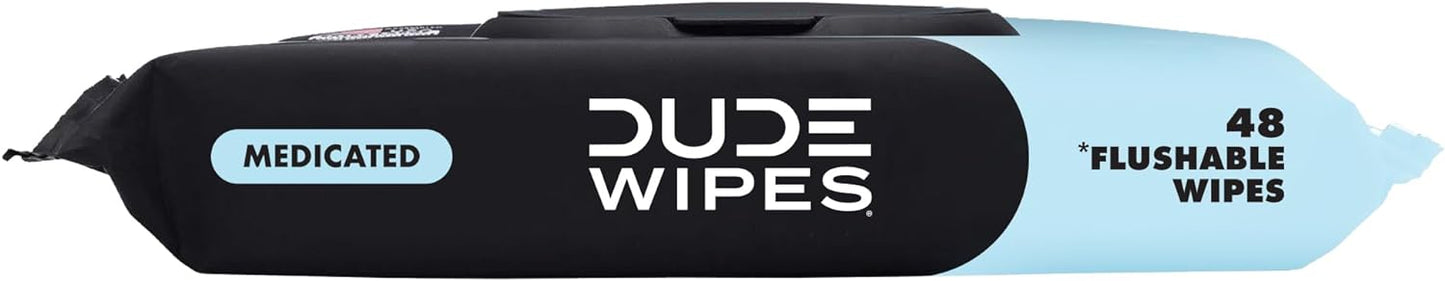 DUDE Wipes - Medicated Flushable Wipes - 3 Pack, 144 Wipes - Unscented Extra-Large Adult Wet Wipes - Medicated Witch Hazel - Septic and Sewer Safe