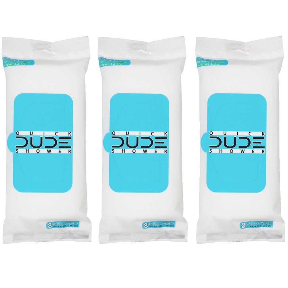 DUDE Wipes - On-The-Go Shower Wipes - 3 Pack, 24 Wipes - Unscented Extra-Large Wipes - Vitamin E & Aloe Full Body Shower Replacement Wipes