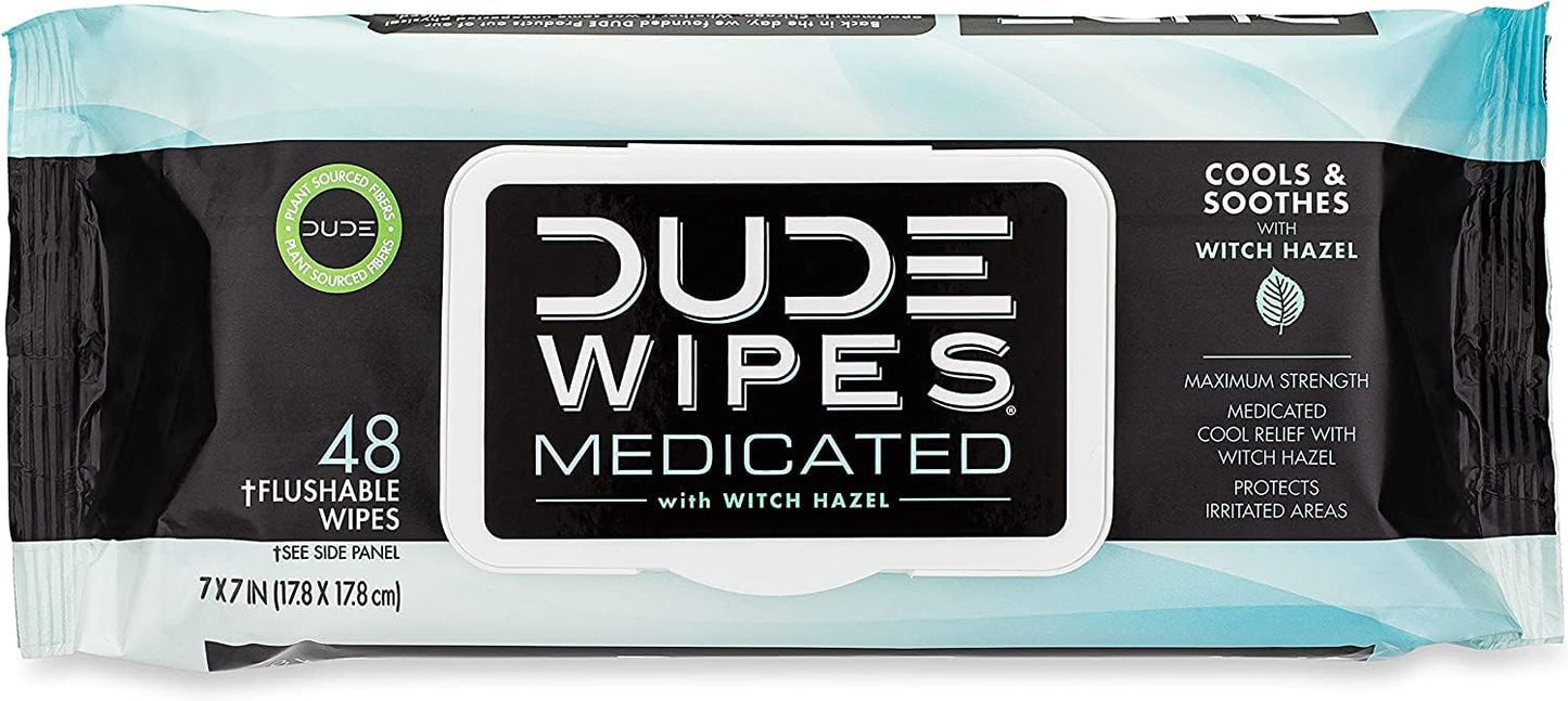 DUDE Wipes - Medicated Flushable Wipes - 3 Pack, 144 Wipes - Unscented Extra-Large Adult Wet Wipes - Medicated Witch Hazel - Septic and Sewer Safe