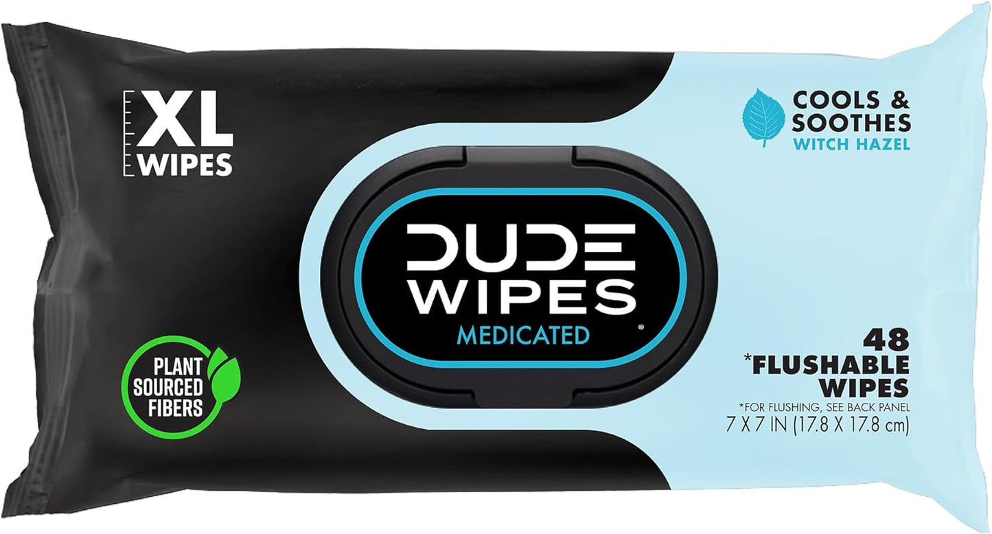 DUDE Wipes - Medicated Flushable Wipes - 3 Pack, 144 Wipes - Unscented Extra-Large Adult Wet Wipes - Medicated Witch Hazel - Septic and Sewer Safe