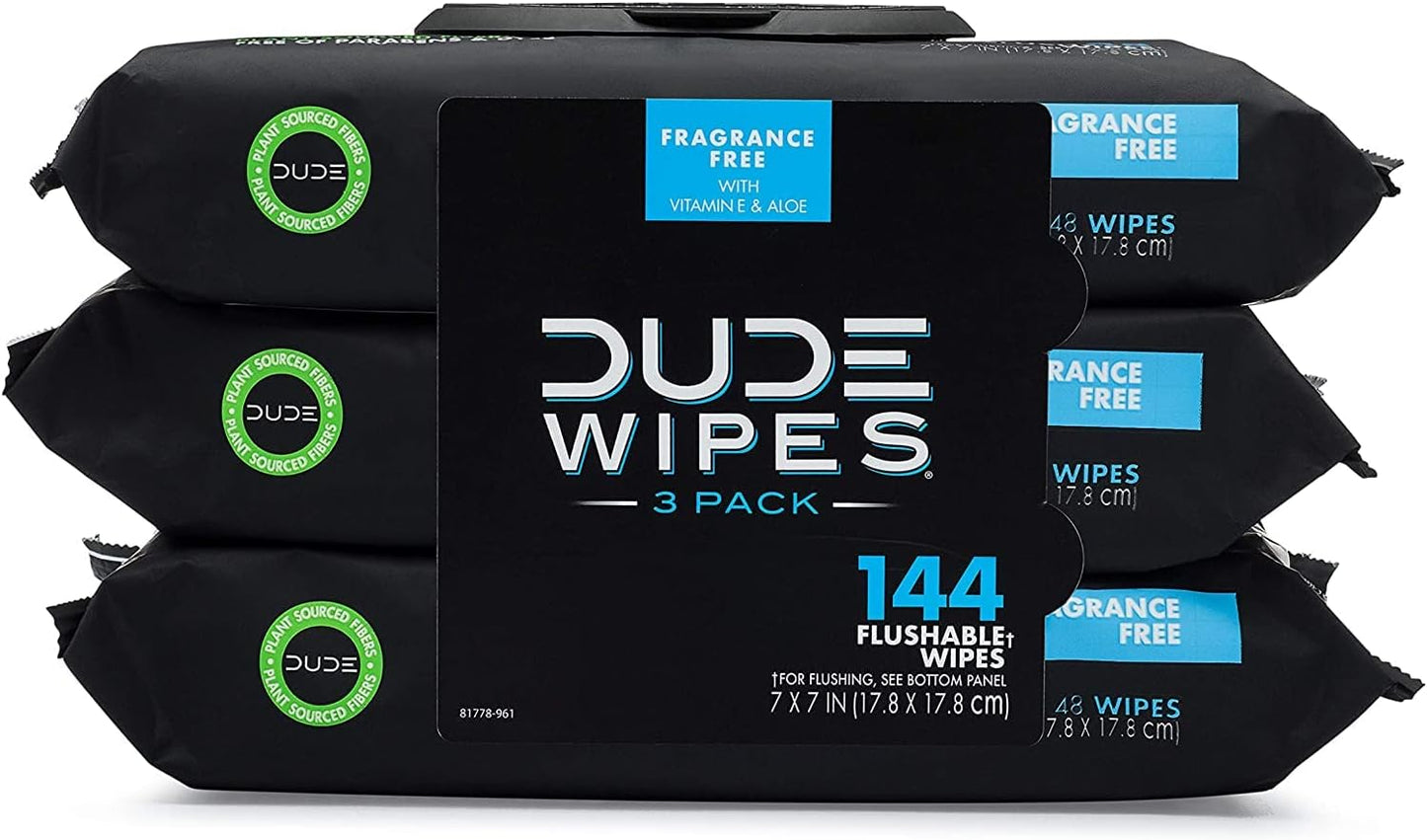 DUDE Wipes - Medicated Flushable Wipes - 3 Pack, 144 Wipes - Unscented Extra-Large Adult Wet Wipes - Medicated Witch Hazel - Septic and Sewer Safe