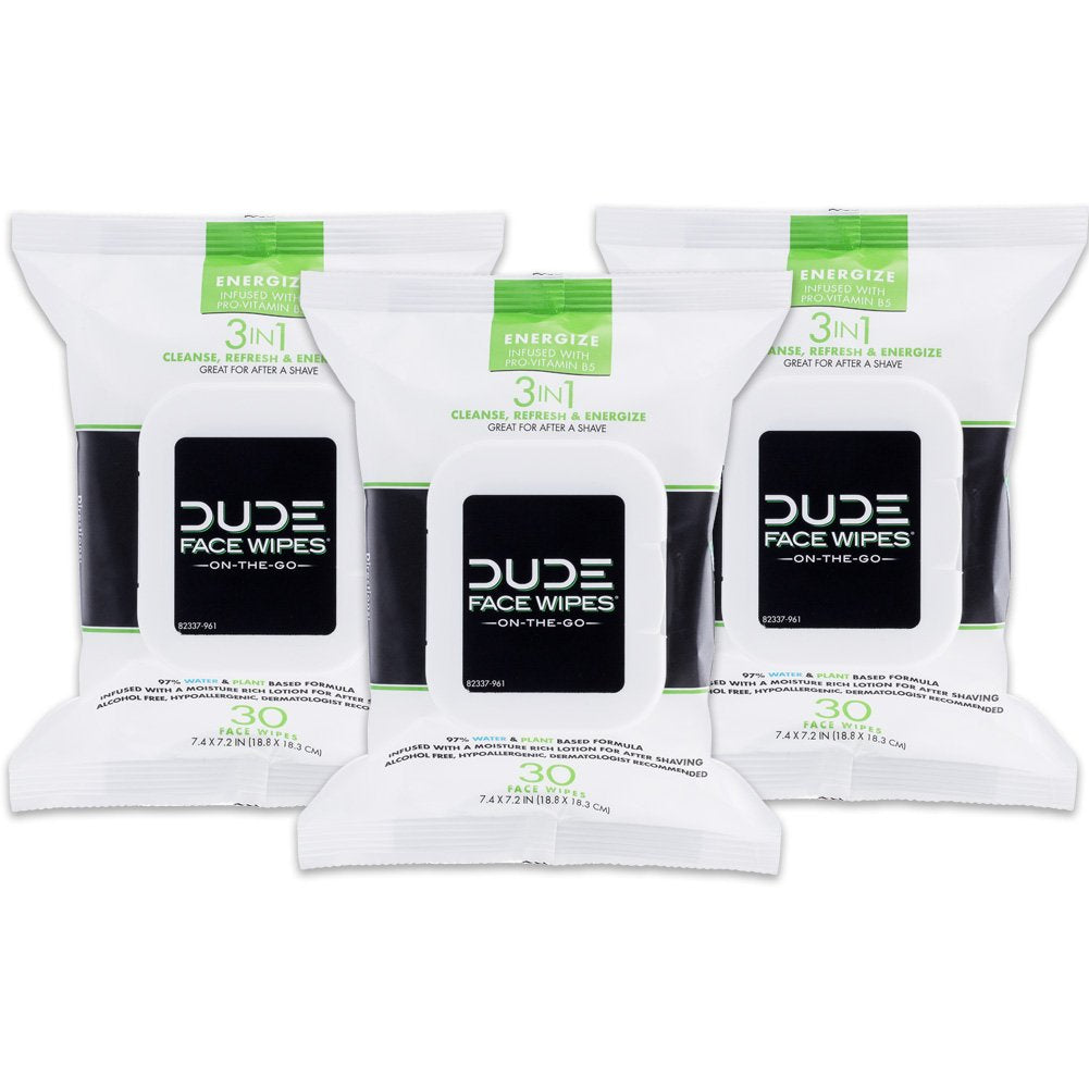 Dude Wipes - 3 Pack, 90 Wipes, Infused with Energizing Pro Vitamin B5, Alcohol Free and Hypoallergenic Cleansing Wipes