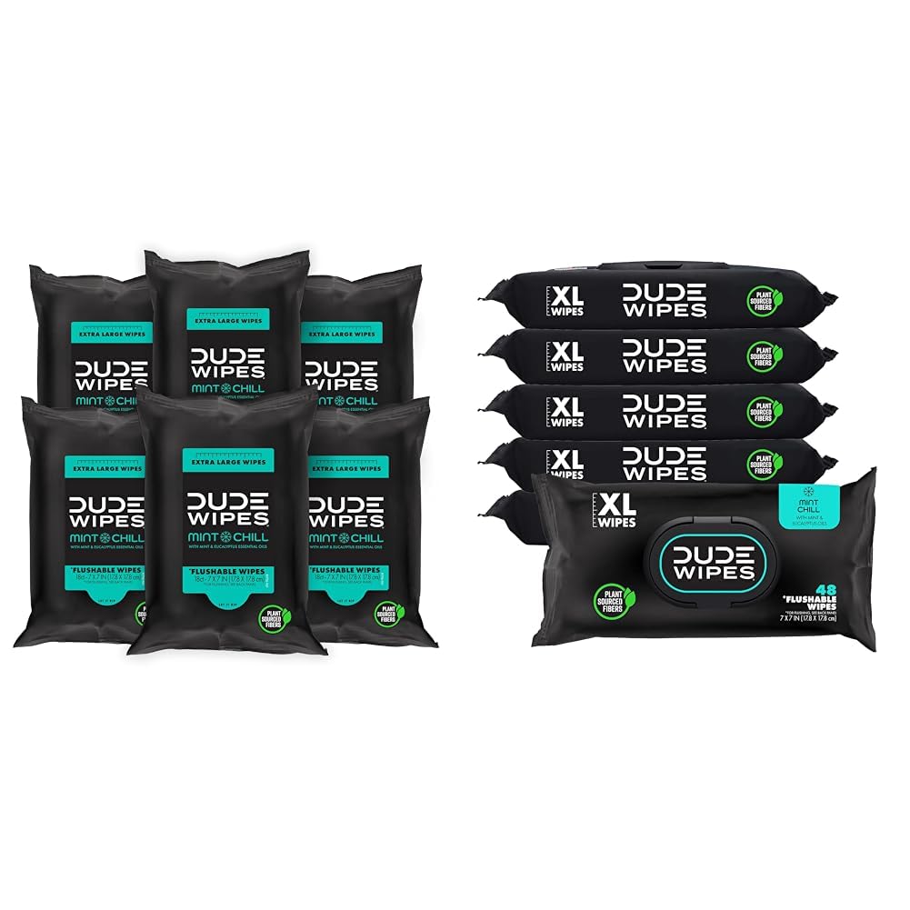 DUDE Wipes - Flushable Wipes Travel Pack - 6 Pack, 108 Wipes - Mint Chill Extra-Large Adult Wet Wipes - Vitamin-E, Aloe Vera, Eucalyptus, and Tea Tree Oils - Septic and Sewer Safe Butt Wipes