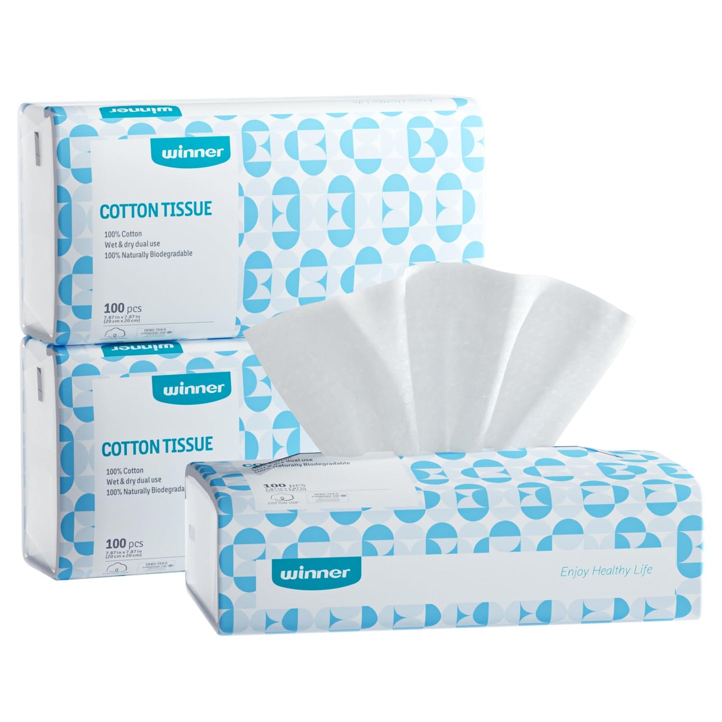 Winner Soft Face Towels - 100% USA Cotton Dry Wipes, 600 Count Unscented Cotton Tissues for Sensitive Skin, OEKO-TEX Certified Face Towelettes Disposable, Makeup Remover Facial Towels, 6 Pack