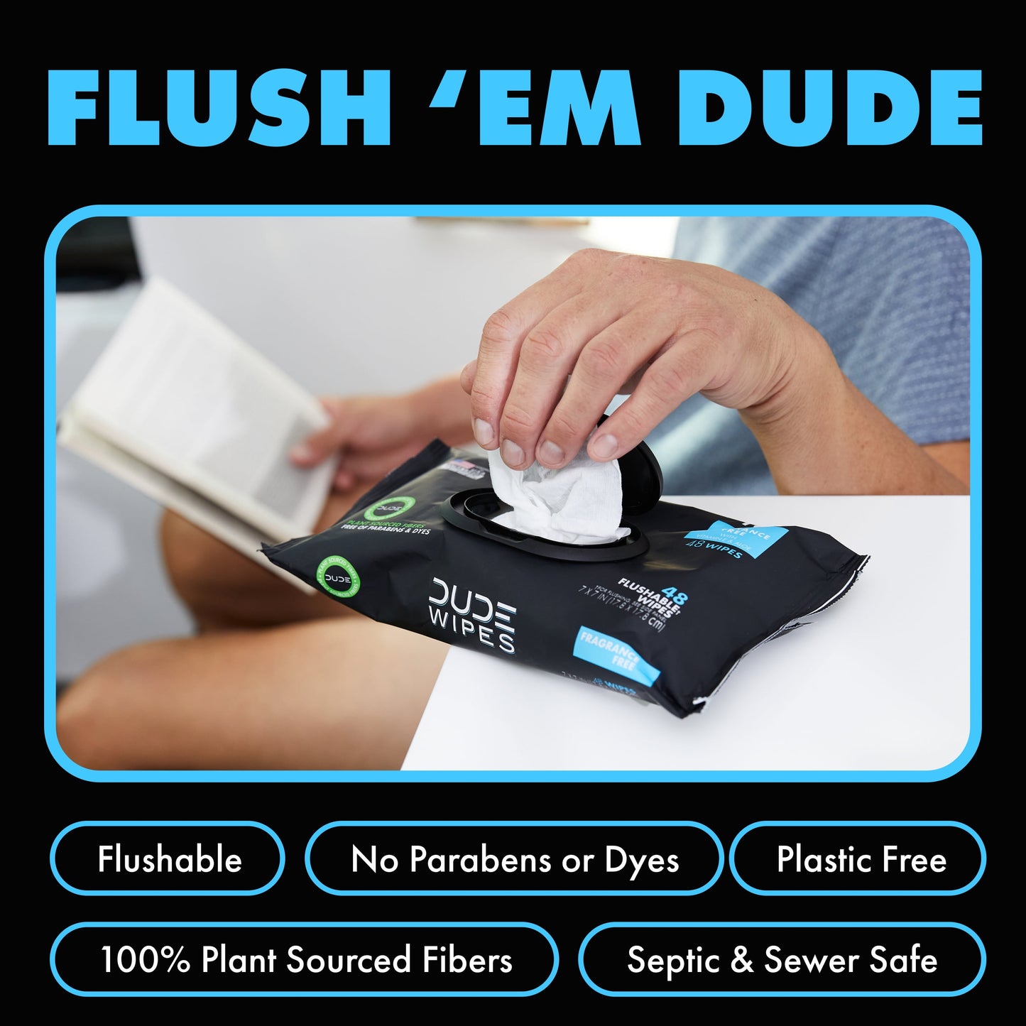 DUDE Wipes Unscented XL Flushable Wipes, 2 Flip-Top Packs, 48 Wipes per Pack, 96 Total Wipes