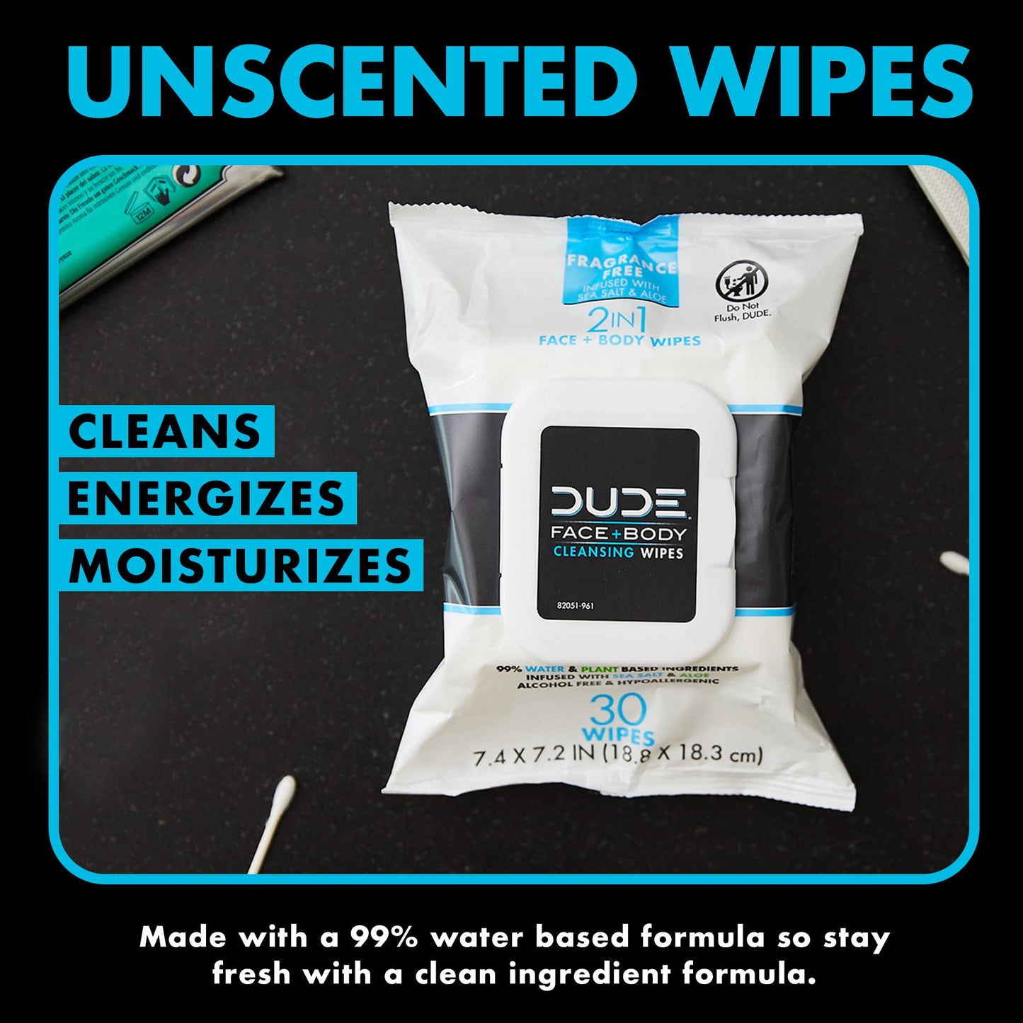 DUDE Wipes - 30 Unscented Face & Body Wipes with Sea Salt & Aloe - Alcohol Free Hypoallergenic Cleansing Wipes