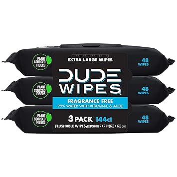 DUDE Wipes - Flushable Wipes - 3 Pack, 144 Wipes - Unscented Extra-Large Adult Wet Wipes - Vitamin-E & Aloe for at-Home Use - Septic and Sewer Safe