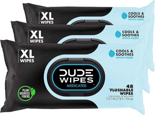 DUDE Wipes - Medicated Flushable Wipes - 3 Pack, 144 Wipes - Unscented Extra-Large Adult Wet Wipes - Medicated Witch Hazel - Septic and Sewer Safe