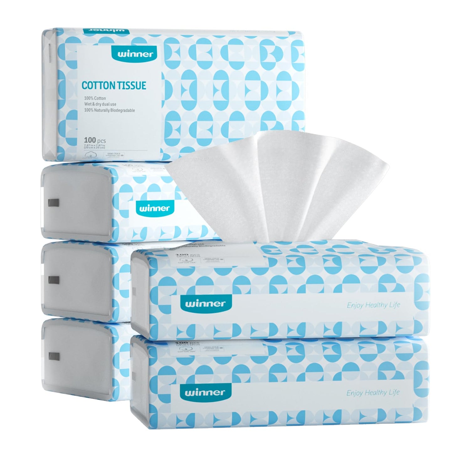 Winner Soft Face Towels - 100% USA Cotton Dry Wipes, 600 Count Unscented Cotton Tissues for Sensitive Skin, OEKO-TEX Certified Face Towelettes Disposable, Makeup Remover Facial Towels, 6 Pack