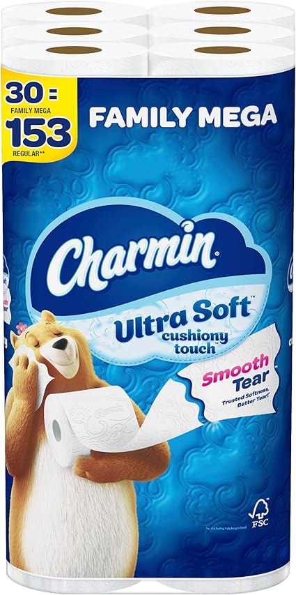 Charmin Ultra Soft Cushiony Touch Toilet Paper, 30 Family Mega Rolls = 153 Regular Rolls (Packaging May Vary)