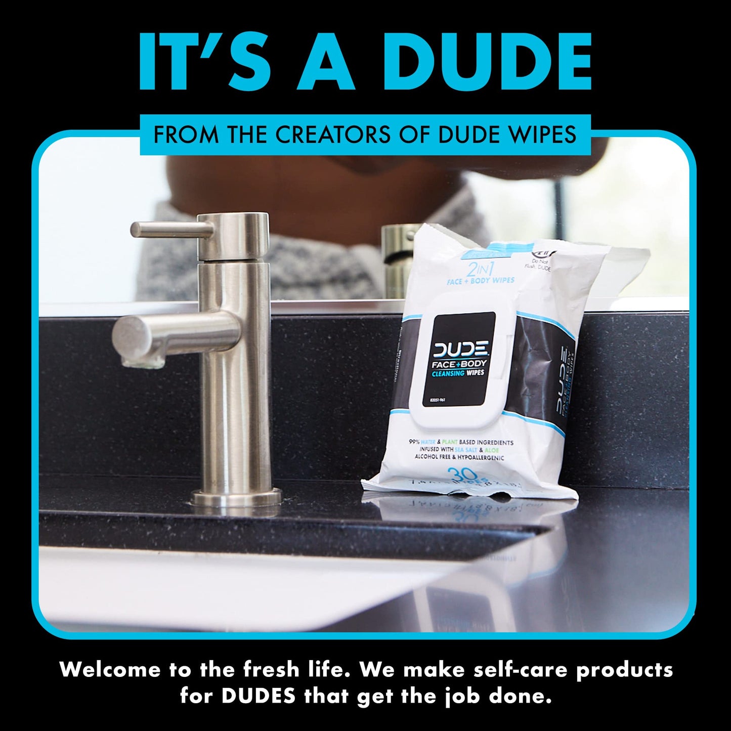 DUDE Wipes - 30 Unscented Face & Body Wipes with Sea Salt & Aloe - Alcohol Free Hypoallergenic Cleansing Wipes