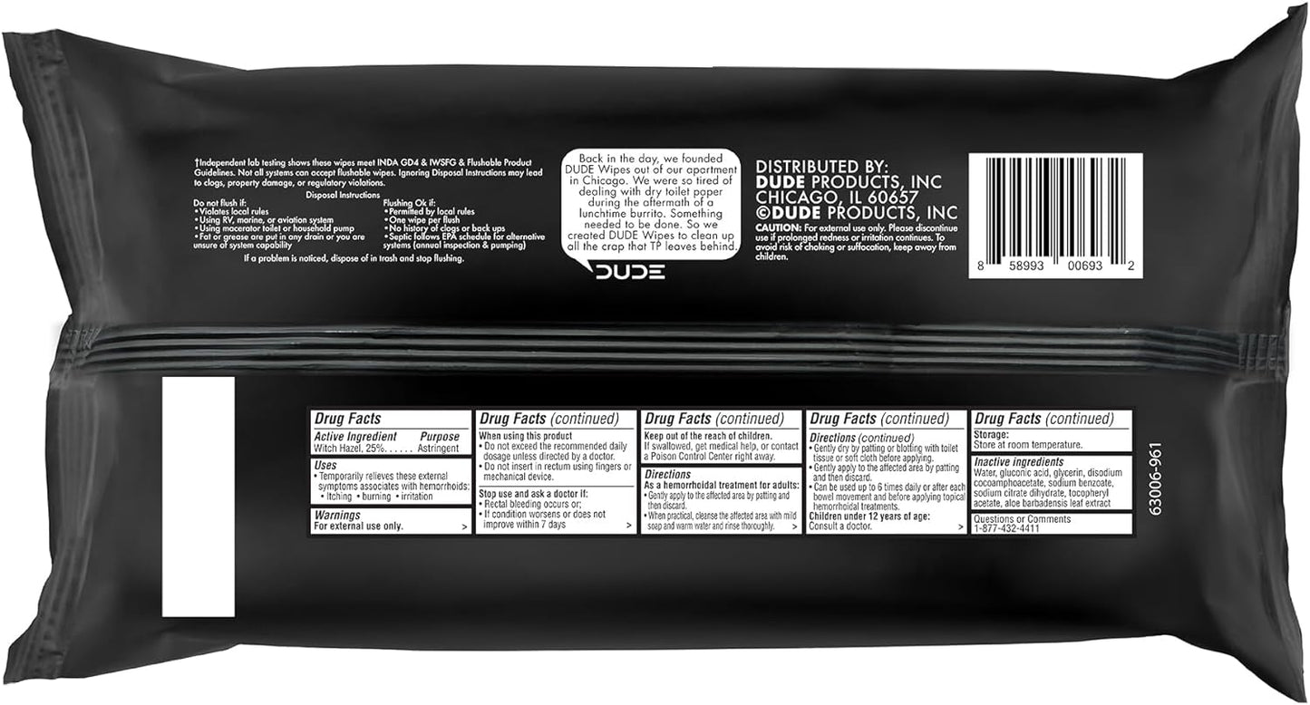 DUDE Wipes - Medicated Flushable Wipes - 3 Pack, 144 Wipes - Unscented Extra-Large Adult Wet Wipes - Medicated Witch Hazel - Septic and Sewer Safe