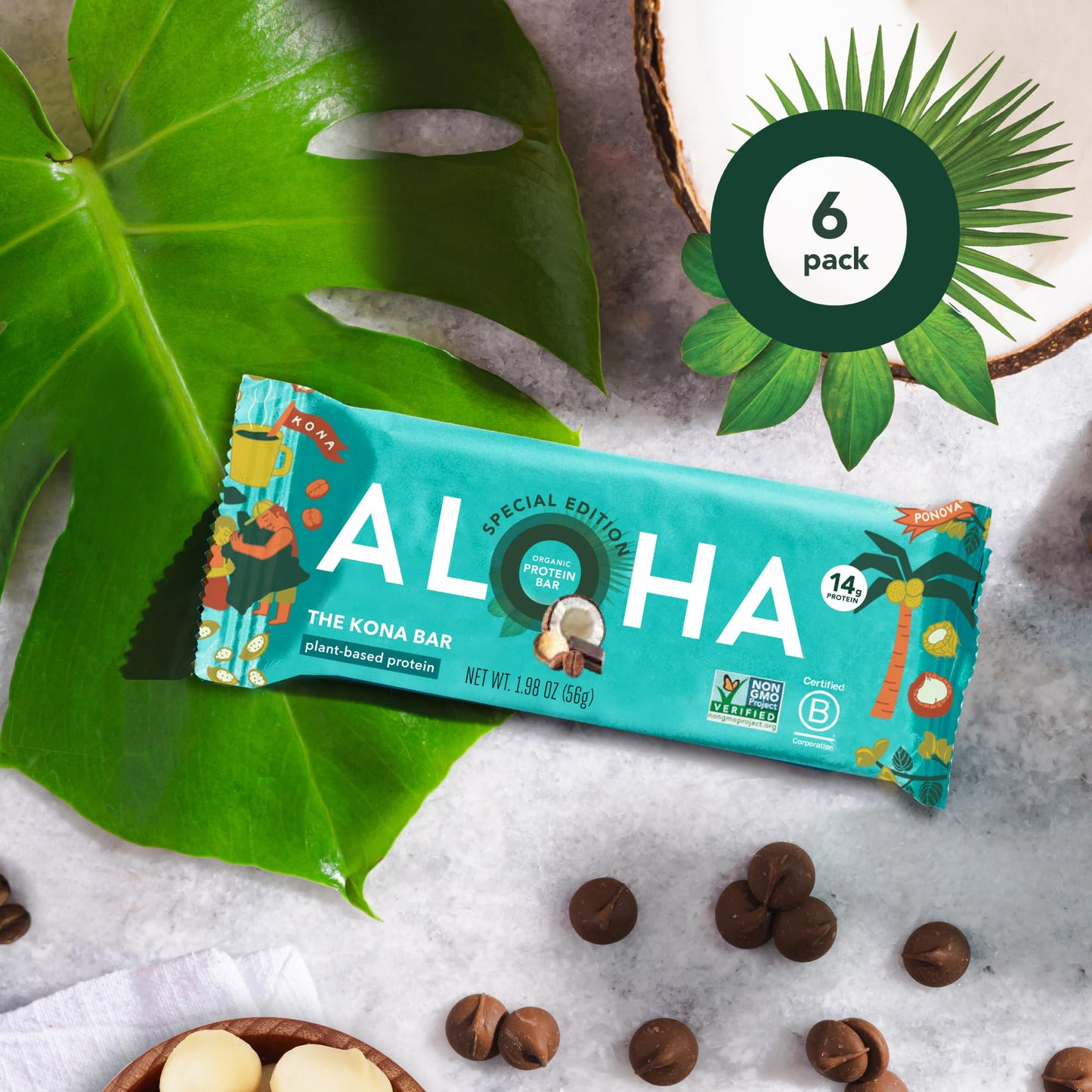 ALOHA Organic Plant Based Protein Bars |Peanut Butter Chocolate Chip | 1.98 Oz (Pack of 12) | Vegan, Low Sugar, Gluten Free, Paleo, Low Carb, Non-GMO, Stevia Free, Soy Free, No Sugar Alcohols