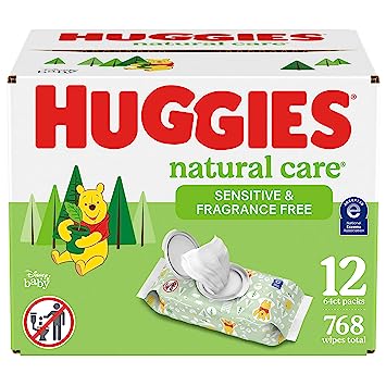 Huggies Natural Care Sensitive Baby Wipes, Unscented, Hypoallergenic, 99% Purified Water, 64 Count (Pack 0f 12) (768 Wipes Total)