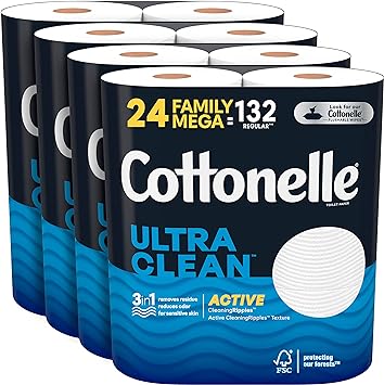 Cottonelle Ultra Clean Toilet Paper with Active Cleaning Ripples, 24 Family Mega Rolls (132 Regular Rolls)