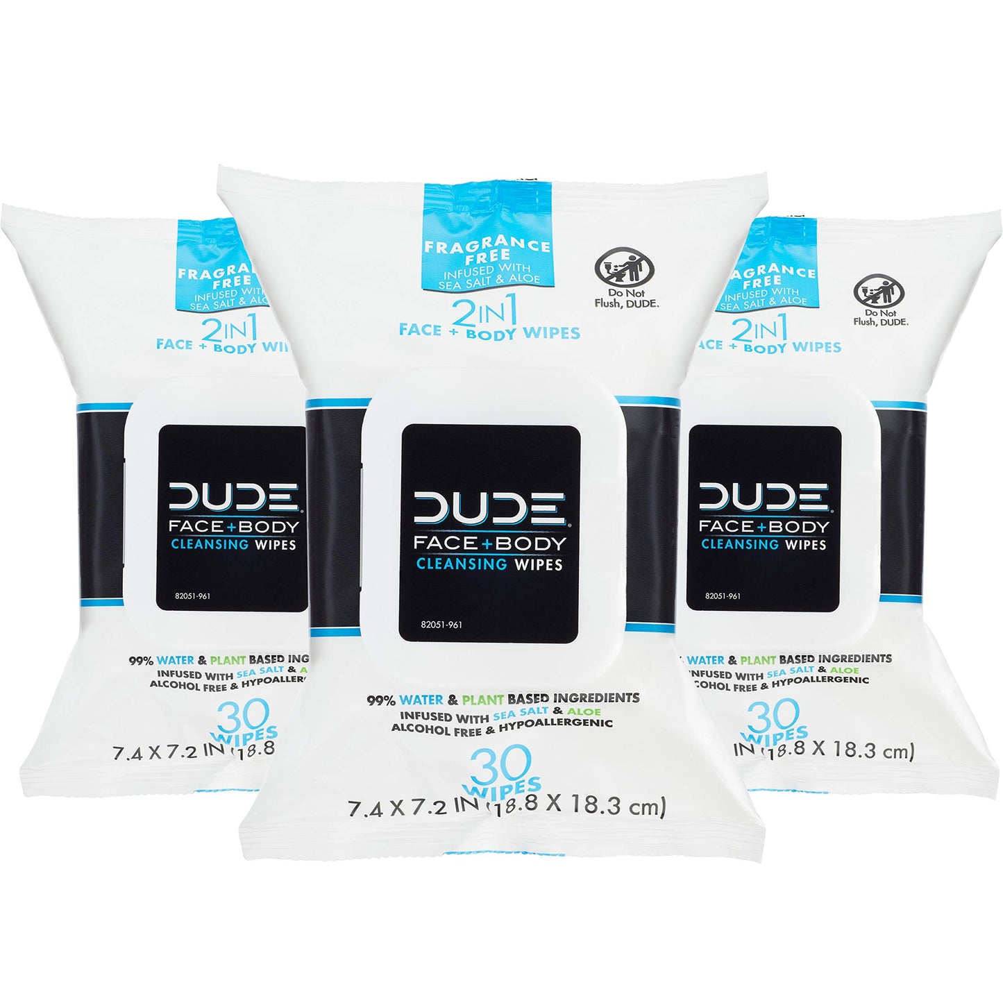 DUDE Wipes - 30 Unscented Face & Body Wipes with Sea Salt & Aloe - Alcohol Free Hypoallergenic Cleansing Wipes