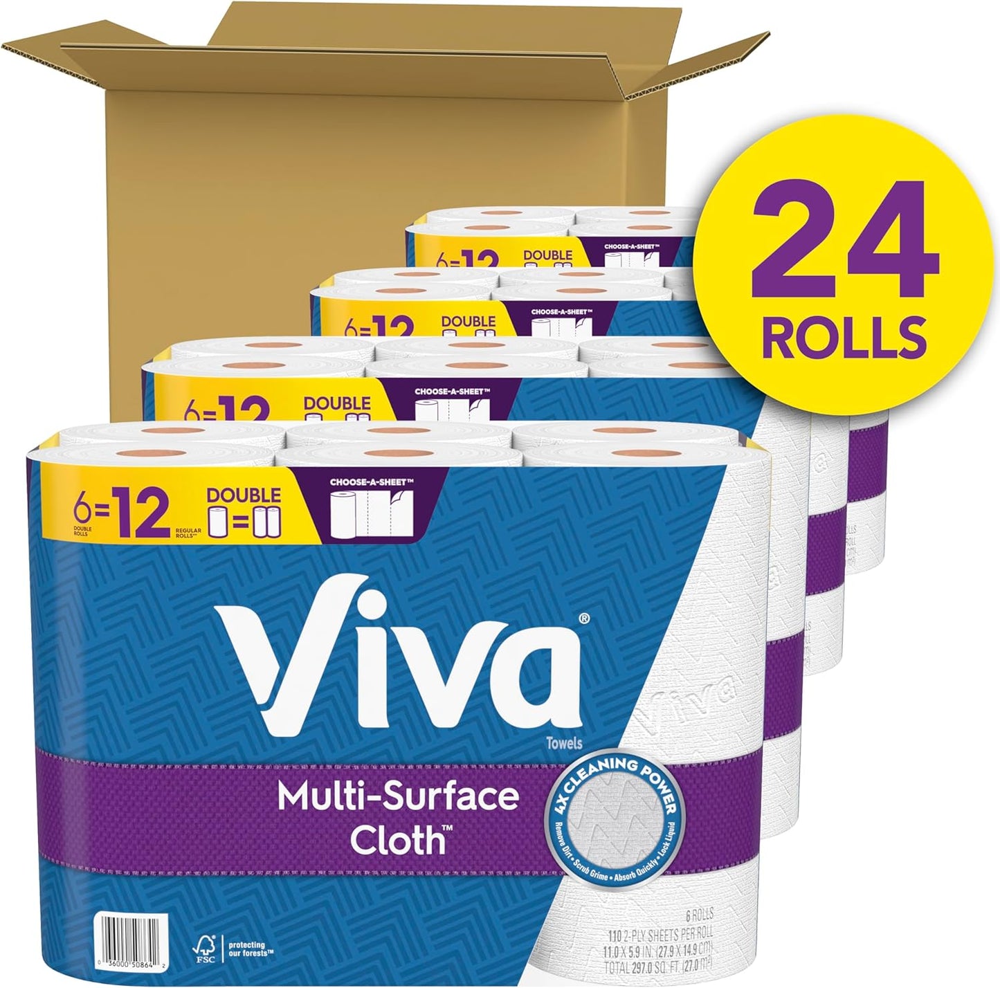 Viva Multi-Surface Cloth Paper Towels, 24 Double Rolls, 110 Sheets Per Roll (4 Packs of 6)