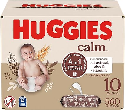 Huggies Calm Baby Diaper Wipes, Unscented, Hypoallergenic, 10 Push Button Packs (560 Wipes Total)