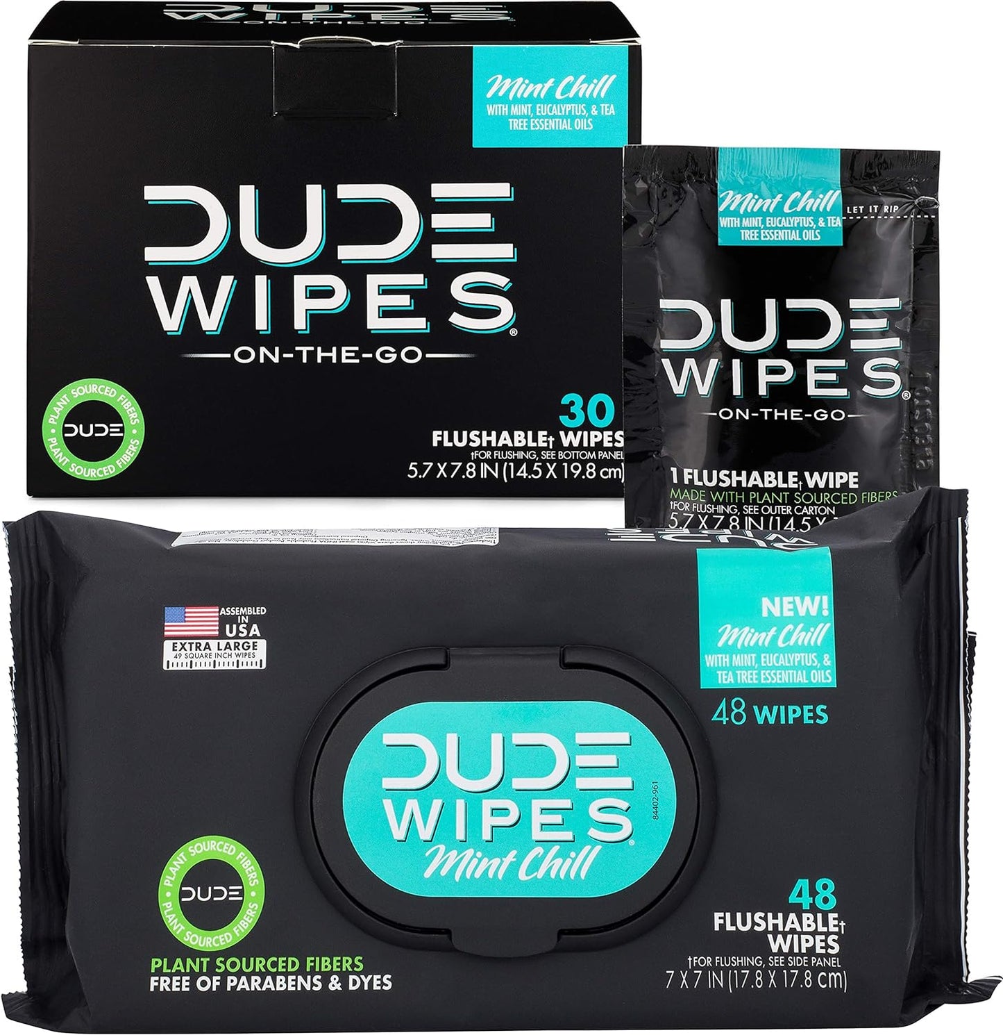 DUDE Wipes - Flushable Wipes with On-The-Go Flushable Wipes - 48 Dispenser Wipes + 30 Individually Wrapped Wipes - Mint Chill Adult Wet Wipes with Eucalyptus & Tea Tree Oil - Septic and Sewer Safe