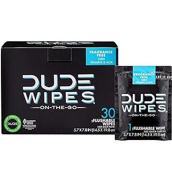 DUDE Wipes - On-The-Go Flushable Wipes - 1 Pack, 30 Wipes - Unscented Extra-Large Individually Wrapped Adult Wet Wipes - Vitamin E & Aloe - Septic and Sewer Safe