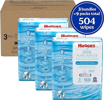 Huggies 99% Pure Water Baby Wipes, Unscented, 9 flip-top packs (504 Wipes Total)