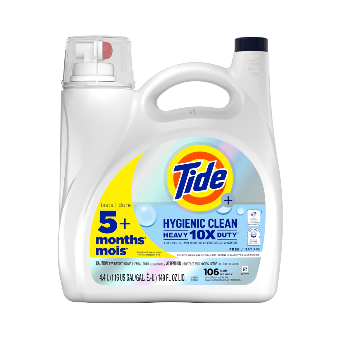 Tide Hygienic Clean Heavy Duty 10x Free Liquid Laundry Detergent, HE Compatible, Unscented, 106 loads, 149 oz