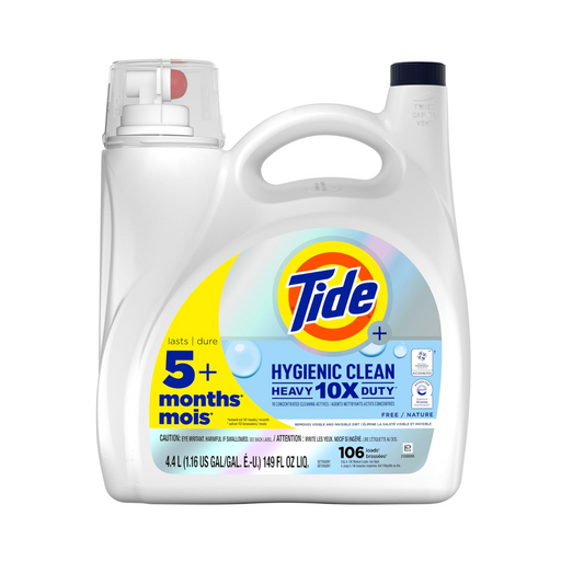 Tide Hygienic Clean Heavy Duty 10x Free Liquid Laundry Detergent, HE Compatible, Unscented, 106 loads, 149 oz