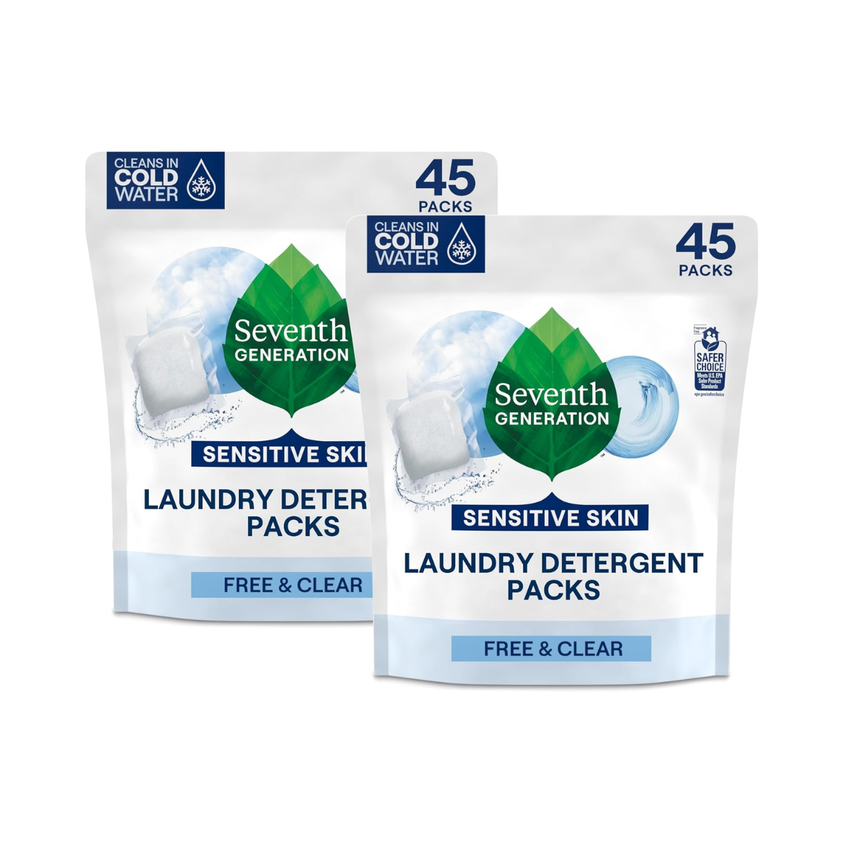 eventh Generation Laundry Detergent Packs, Free & Clear, Made for Sensitive Skin,90 Loads (2 pouches, 45 Ct EA)