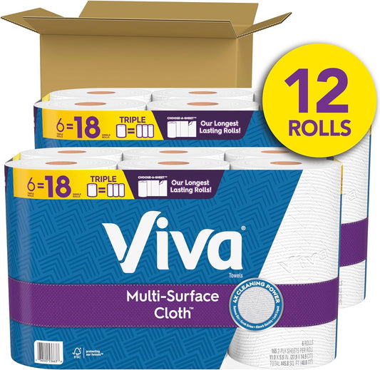 Viva Multi-Surface Cloth Paper Towels, 12 Triple Rolls, 165 Sheets Per Roll (2 Packs of 6)